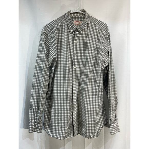 Brooks Brothers Nens Dress Shirt Green White Checked Size Large - Picture 2 of 5